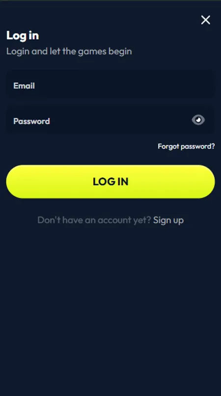 Winzter Casino login screen with email and password fields